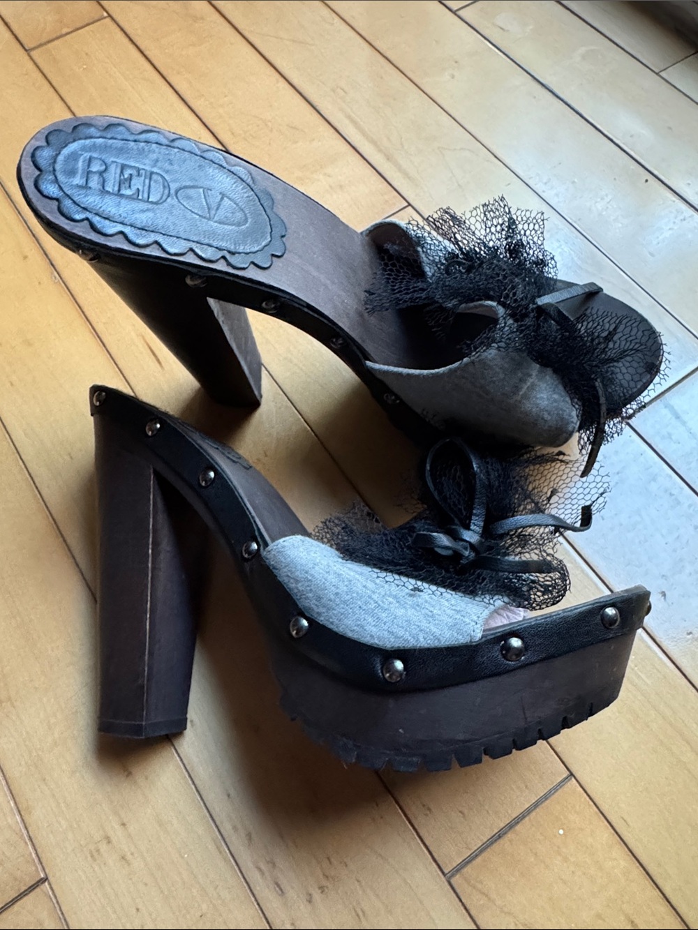 RED Valentino Gray and Black Platform Mules with Tulle Bow